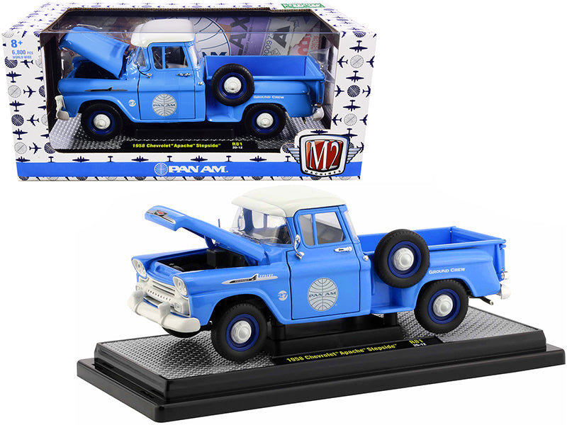 1958 Chevrolet Apache Stepside Pickup Truck "Pan Am" Ground Crew Light Blue with White Top Limited Edition to 6880 pieces Worldwide 1/24 Diecast Model Car by M2 Machines