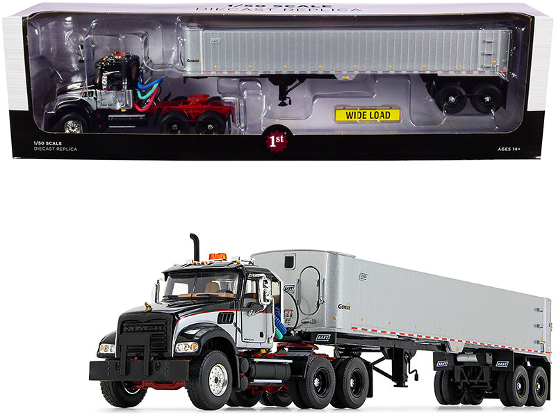 Mack Granite MP Tandem-Axle Day Cab with East Genesis End Dump Trailer Black and Silver 1/50 Diecast Model by First Gear