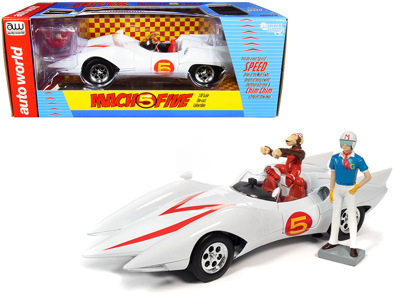 Mach 5 Five White with Chim-Chim Monkey and Speed Racer Figurines 1/18 Diecast Model Car by Auto World
