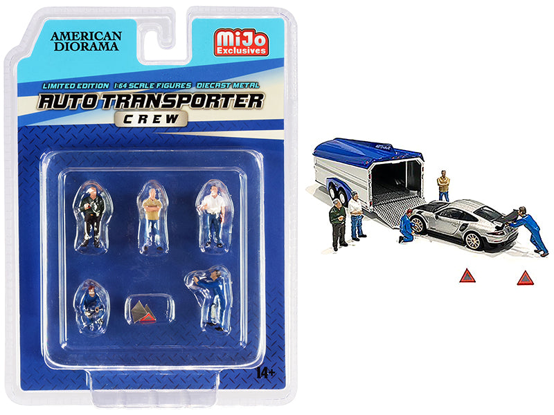 "Auto Transporter Crew" Diecast Set of 7 pieces (5 Figurines and 2 Warning Triangles) for 1/64 Scale Models by American Diorama