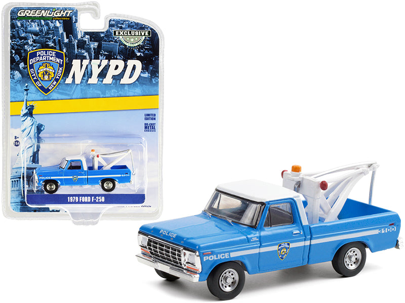 1979 Ford F-250 Tow Truck with Drop-In Tow Hook Blue with White Top "New York City Police Dept." (NYPD) "Hobby Exclusive" 1/64 Diecast Model Car by Greenlight