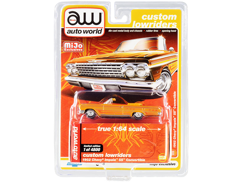 1962 Chevrolet Impala SS Convertible Yellow with Graphics "Custom Lowriders" Limited Edition to 4800 pieces Worldwide 1/64 Diecast Model Car by Auto World