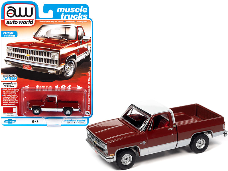 1981 Chevrolet Silverado 10 Fleetside Carmine Red and White with Red Interior "Muscle Trucks" Limited Edition to 19504 pieces Worldwide 1/64 Diecast Model Car by Auto World