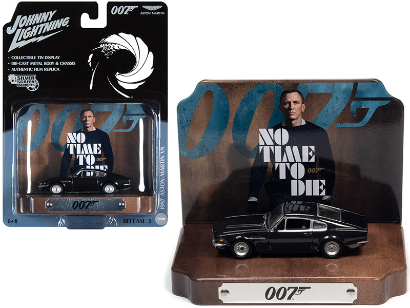1987 Aston Martin V8 Cumberland Gray with Collectible Tin Display "007" (James Bond) "No Time to Die" (2021) Movie (25th in the James Bond Series) 1/64 Diecast Model Car by Johnny Lightning
