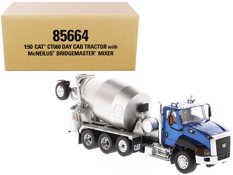 CAT Caterpillar CT660 Day Cab Tractor with McNeilus Concrete Mixer Truck Blue Metallic 1/50 Diecast Model by Diecast Masters