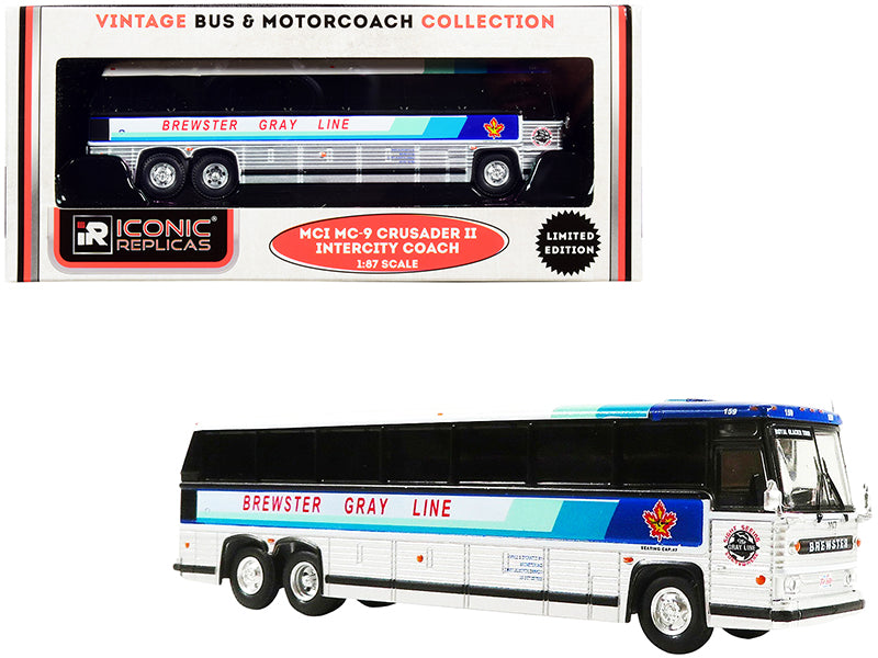 1980 MCI MC-9 Crusader II Intercity Coach Bus "Brewster Gray Line" (Canada) White and Silver with Stripes "Vintage Bus & Motorcoach Collection" 1/87 (HO) Diecast Model by Iconic Replicas