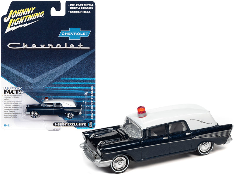 1957 Chevrolet Hearse Metisse Blue Metallic with White Top 1/64 Diecast Model Car by Johnny Lightning