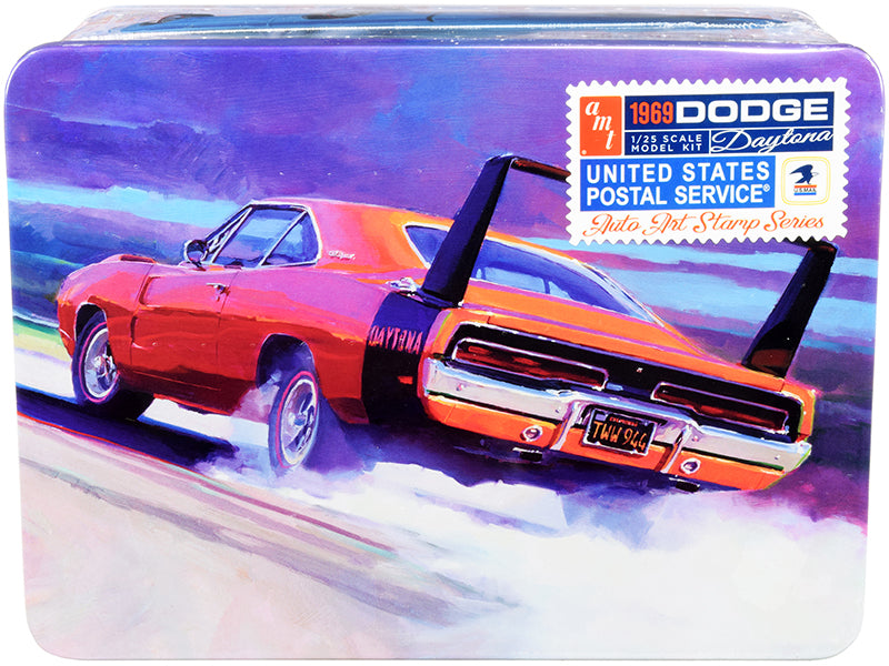 Skill 2 Model Kit 1969 Dodge Charger Daytona "USPS" (United States Postal Service) Themed Collectible Tin 1/25 Scale Model by AMT