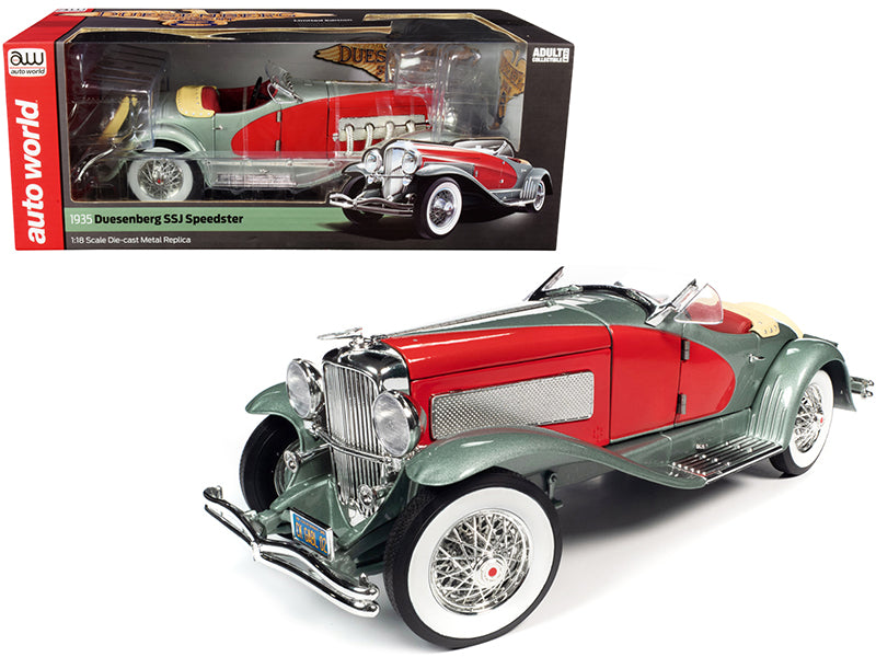 1935 Duesenberg SSJ Speedster Green Metallic with Enamel Red Coves 1/18 Diecast Model Car by Auto World