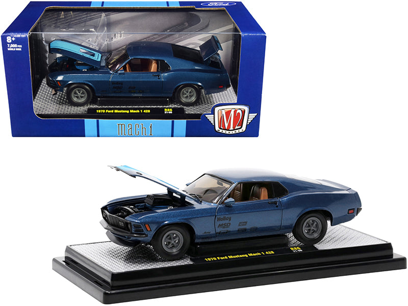 1970 Ford Mustang Mach 1 428 Dark Blue Metallic with Bright Blue Stripes Limited Edition to 7000 pieces Worldwide 1/24 Diecast Model Car by M2 Machines