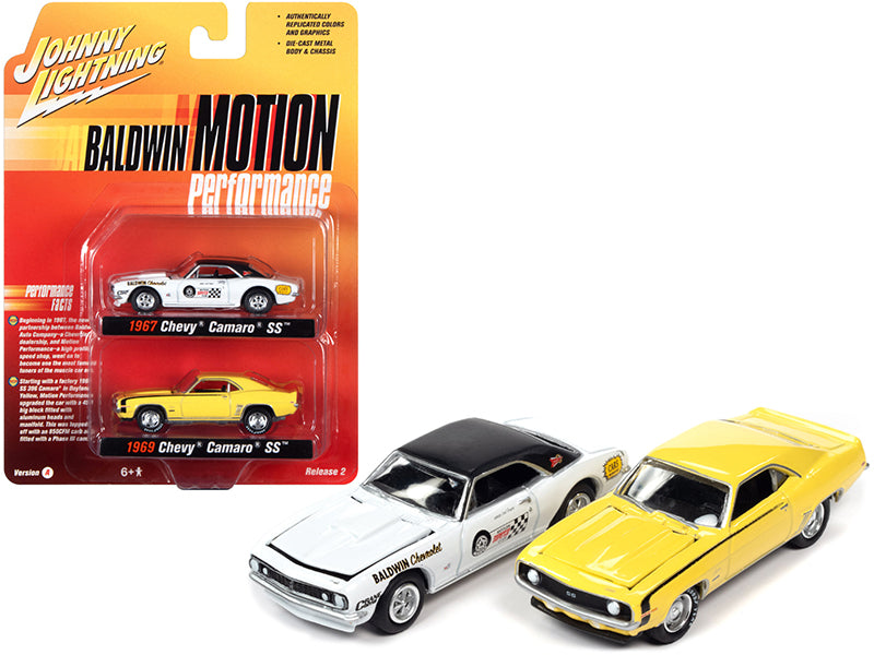 1969 Chevrolet Camaro SS Yellow and 1967 Chevrolet Camaro SS White "Baldwin Motion Performance" Set of 2 pieces 1/64 Diecast Model Cars by Johnny Lightning
