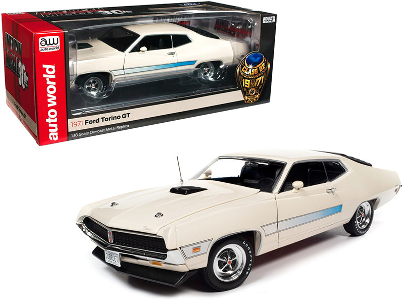 1971 Ford Torino GT Wimbledon White with Blue Laser Stripes "Class of 1971" "American Muscle 30th Anniversary" (1991-2021) 1/18 Diecast Model Car by Auto World