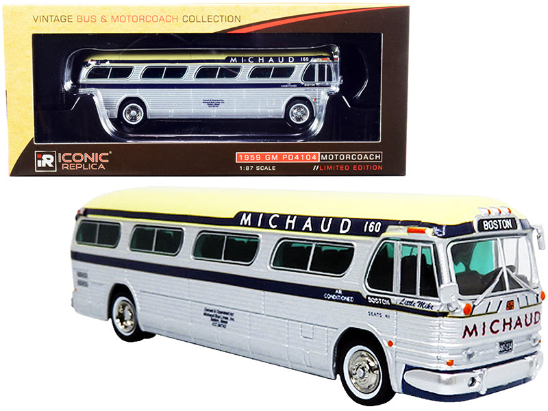 1959 GM PD4104 Motorcoach Bus "Boston" "Michaud Lines" Silver and Cream with Dark Blue Stripes "Vintage Bus & Motorcoach Collection" 1/87 (HO) Diecast Model by Iconic Replicas