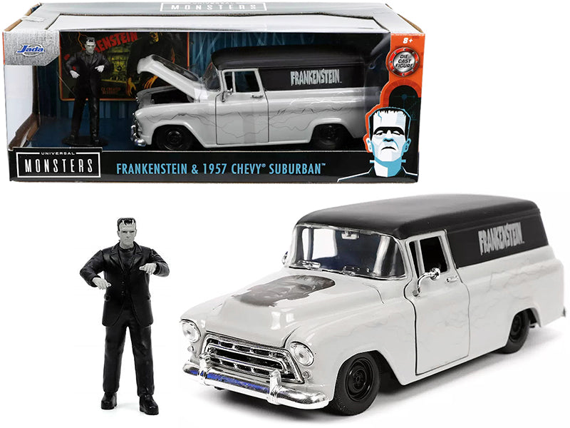 1957 Chevrolet Suburban Gray and Black with Graphics and Frankenstein Diecast Figurine "Universal Monsters" "Hollywood Rides" Series 1/24 Diecast Model Car by Jada