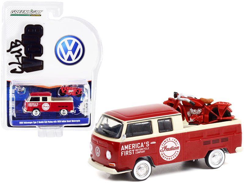 1968 Volkswagen Type 2 Double Cab Pickup Truck Red and Cream "America's First Motorcycle Company" and 1920 Indian Scout Motorcycle Red "Club Vee V-Dub" Series 13 1/64 Diecast Model Car by Greenlight
