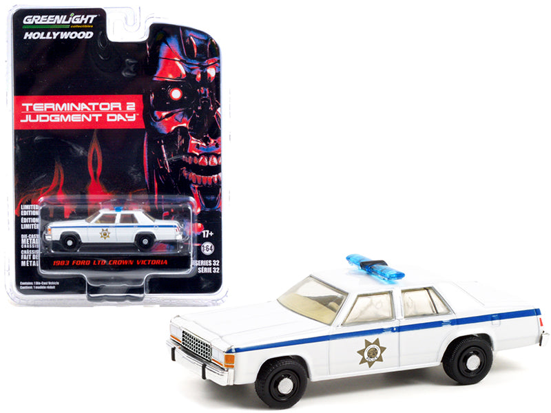 1983 Ford LTD Crown Victoria Police White "Terminator 2: Judgment Day" (1991) Movie "Hollywood Series" Release 32 1/64 Diecast Model Car by Greenlight