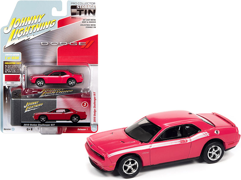 2010 Dodge Challenger R/T Furious Fuchsia Pink with White Stripes and Collector Tin Limited Edition to 5036 pieces Worldwide 1/64 Diecast Model Car by Johnny Lightning