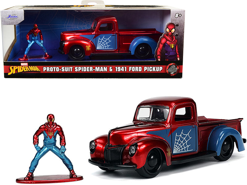 1941 Ford Pickup Truck Candy Red and Blue and Proto-Suit Spider-Man Diecast Figurine "Marvel" Series "Hollywood Rides" Series 1/32 Diecast Model Car by Jada