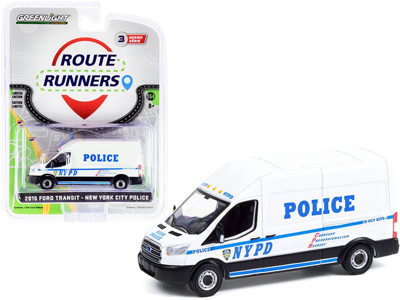 2015 Ford Transit LWB High Roof Van White "NYPD" (New York City Police Department) "Route Runners" Series 3 1/64 Diecast Model by Greenlight