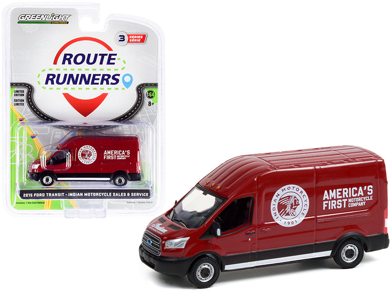 2015 Ford Transit LWB High Roof Van Burgundy "Indian Motorcycle Sales & Service" "Route Runners" Series 3 1/64 Diecast Model by Greenlight