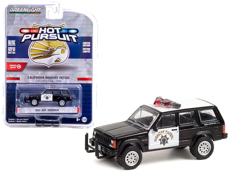 1993 Jeep Cherokee Black and White CHP "California Highway Patrol" (California) "Hot Pursuit" Series 38 1/64 Diecast Model Car by Greenlight