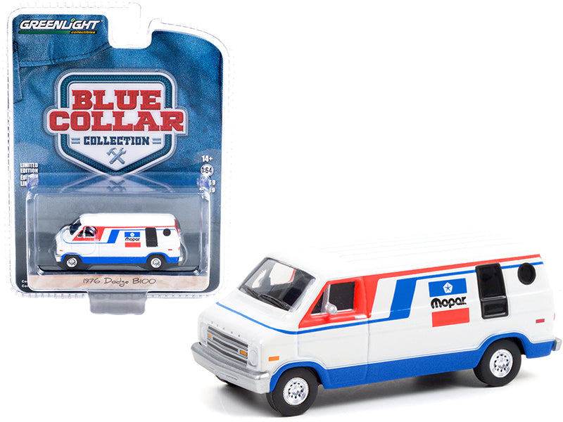 1976 Dodge B100 Van "Mopar" White with Red and Blue Stripes "Blue Collar Collection" Series 9 1/64 Diecast Model Car by Greenlight