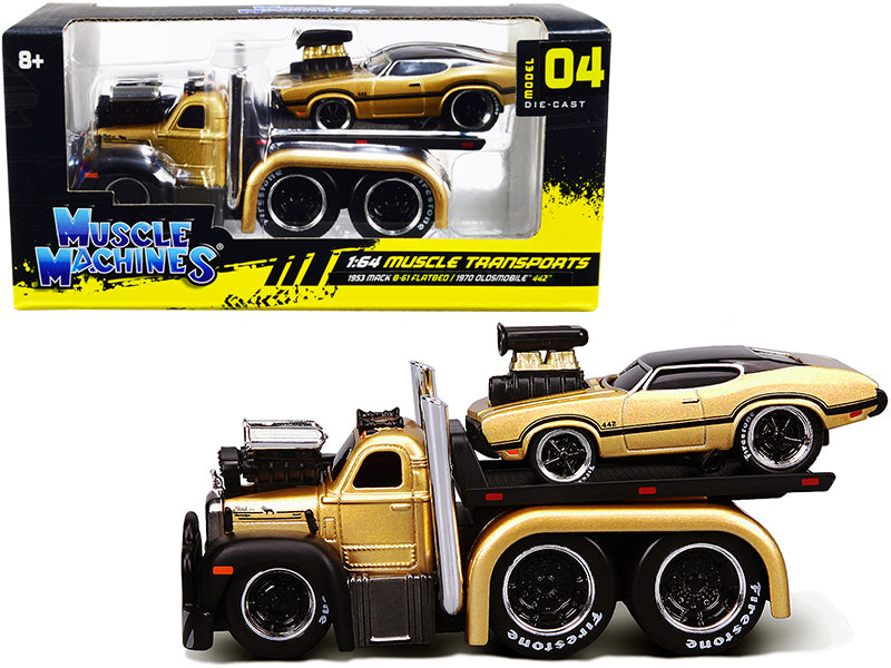 1953 Mack B-61 Flatbed Truck Gold and 1970 Oldsmobile 442 Gold with Black Top and Stripes "Muscle Transports" 1/64 Diecast Model Cars by Muscle Machines