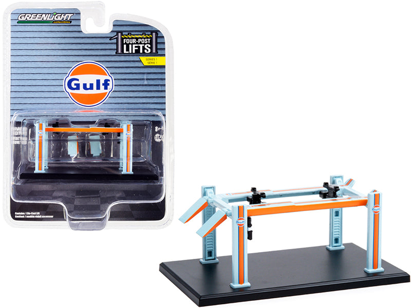 Adjustable Four-Post Lift "Gulf Oil" Light Blue and Orange "Four-Post Lifts" Series 1 1/64 Diecast Model by Greenlight