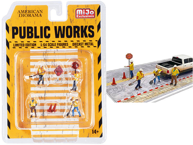 "Public Works" 7 piece Diecast Set (4 Figurines and 3 Accessories) for 1/64 Scale Models by American Diorama