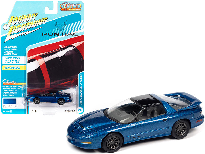 1996 Pontiac Firebird Trans Am T/A WS6 Medium Cloisonne Blue Metallic with Black Top "Classic Gold Collection" Limited Edition to 7418 pieces Worldwide 1/64 Diecast Model Car by Johnny Lightning