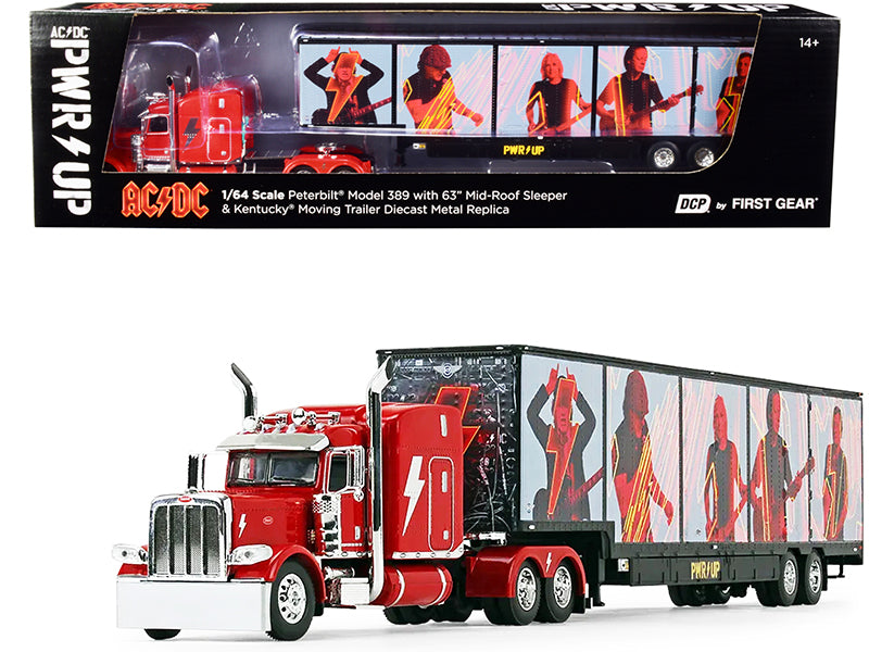 Peterbilt 389 63" Mid-Roof Sleeper Cab Viper Red with Kentucky Moving Trailer "AC/DC Power Up" 1/64 Diecast Model by DCP/First Gear