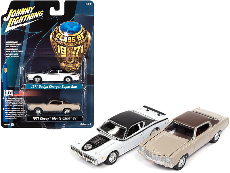 1971 Dodge Charger Super Bee White and 1971 Chevrolet Monte Carlo SS Sandalwood Brown "Class of 1971" Set of 2 Cars 1/64 Diecast Model Cars by Johnny Lightning