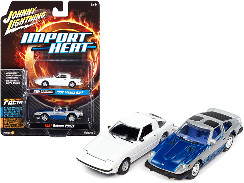 1982 Mazda RX-7 White and 1981 Datsun 280ZX Blue and Silver "Import Heat" Set of 2 Cars 1/64 Diecast Model Cars by Johnny Lightning