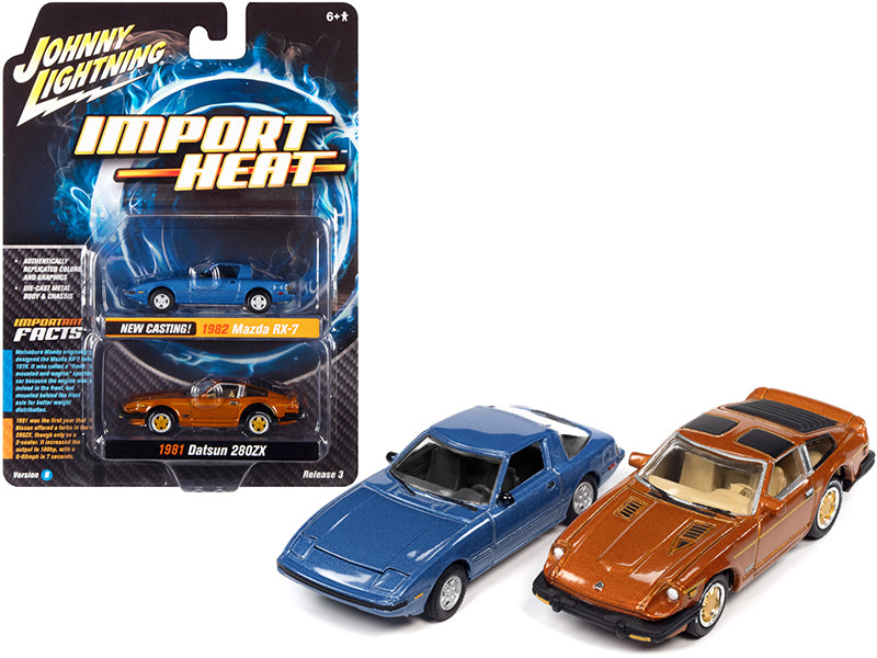 1982 Mazda RX-7 Blue Metallic and 1981 Datsun 280ZX Orange Mist Metallic "Import Heat" Set of 2 Cars 1/64 Diecast Model Cars by Johnny Lightning