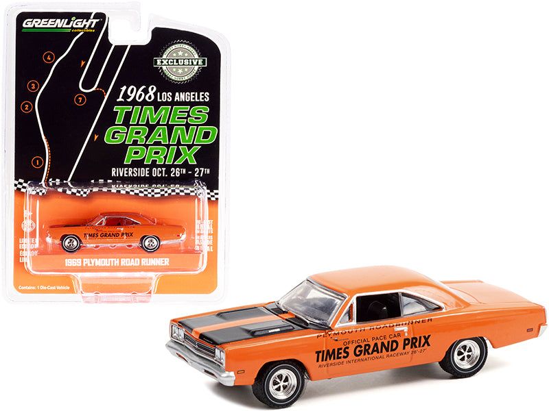 1969 Plymouth Road Runner Orange with Black Stripes Official Pace Car "1968 Los Angeles Times Grand Prix" at Riverside International Raceway "Hobby Exclusive" 1/64 Diecast Model Car by Greenlight