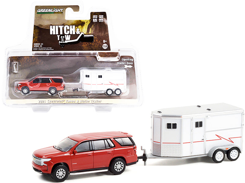 2021 Chevrolet Tahoe Cherry Red Pearl with White Horse Trailer "Hitch & Tow" Series 23 1/64 Diecast Model Car by Greenlight