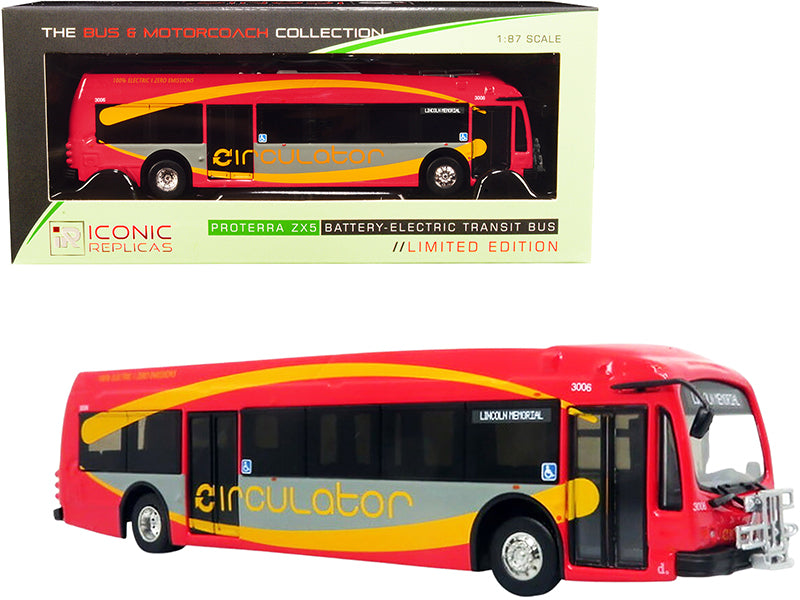 Proterra ZX5 Battery-Electric Transit Bus DC Circulator "Lincoln Memorial" (Washington D.C.) Red and Gray with Yellow Stripes "The Bus & Motorcoach Collection" 1/87 (HO) Diecast Model by Iconic Replicas