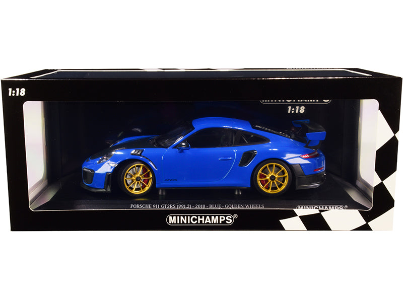 2018 Porsche 911 GT2RS (991.2) Blue with Carbon Hood and Golden Wheels Limited Edition to 300 pieces Worldwide 1/18 Diecast Model Car by Minichamps