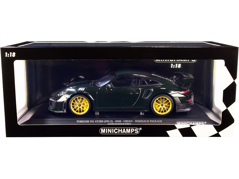 2018 Porsche 911 GT2RS (991.2) Weissach Package Dark Green with Carbon Stripes and Golden Magnesium Wheels Limited Edition to 300 pieces Worldwide 1/18 Diecast Model Car by Minichamps