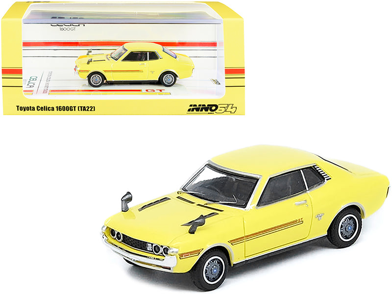 Toyota Celica 1600GT (TA22) RHD (Right Hand Drive) Yellow with Red Stripes 1/64 Diecast Model Car by Inno Models