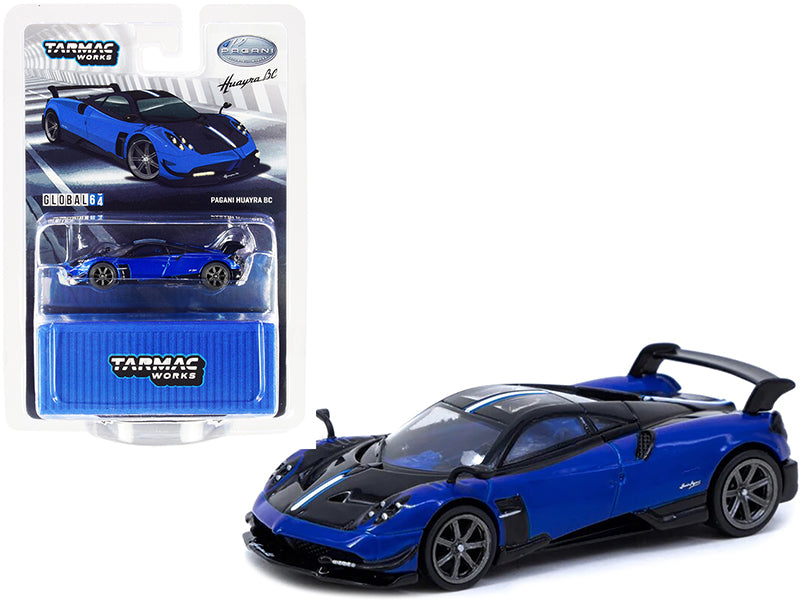 Pagani Huayra BC Blue Francia Metallic and Black with Stripes and Blue Interior "Global64" Series 1/64 Diecast Model Car by Tarmac Works