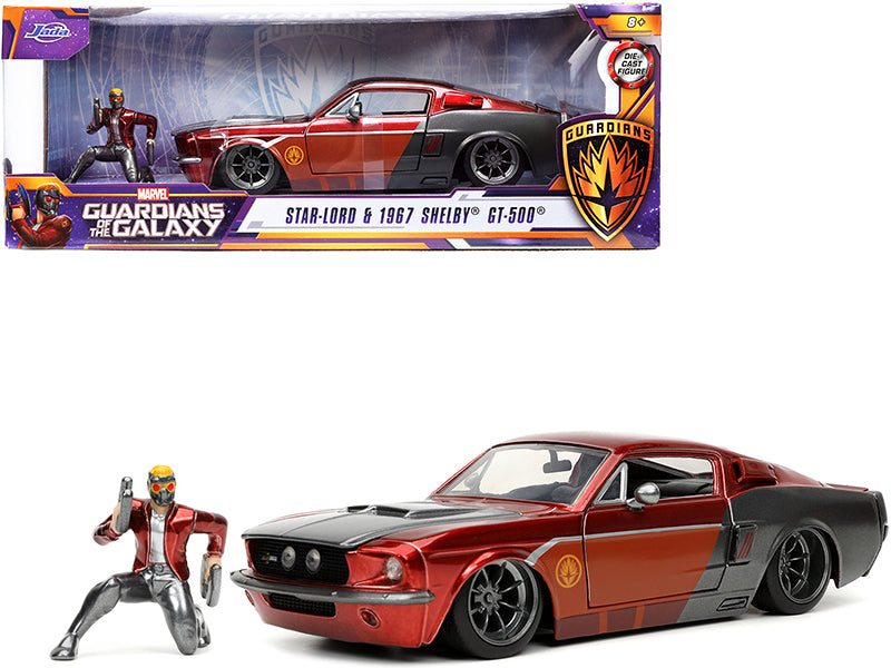 1967 Ford Mustang Shelby GT-500 Red Metallic and Gray Metallic with Star-Lord Diecast Figurine "Guardians of the Galaxy" "Marvel" Series 1/24 Diecast Model Car by Jada
