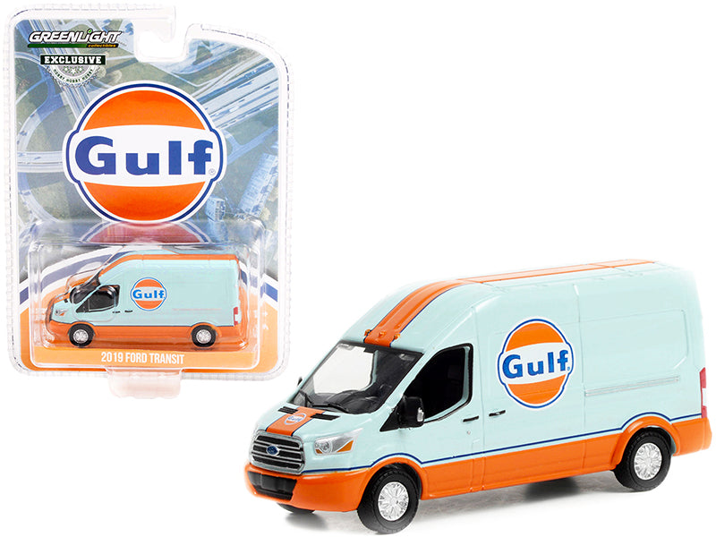 2019 Ford Transit LWB High Roof Van "Gulf Oil" Light Blue and Orange "Hobby Exclusive" 1/64 Diecast Model Car by Greenlight
