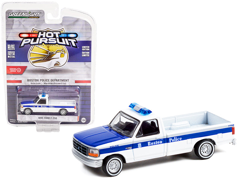 1995 Ford F-250 Pickup Truck White and Blue "Boston Police Department" (Massachusetts) "Hot Pursuit" Series 40 1/64 Diecast Model Car by Greenlight