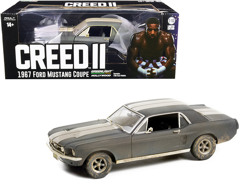 1967 Ford Mustang Coupe Matt Black with White Stripes (Weathered) (Adonis Creed's) "Creed II" (2018) Movie 1/18 Diecast Model Car by Greenlight