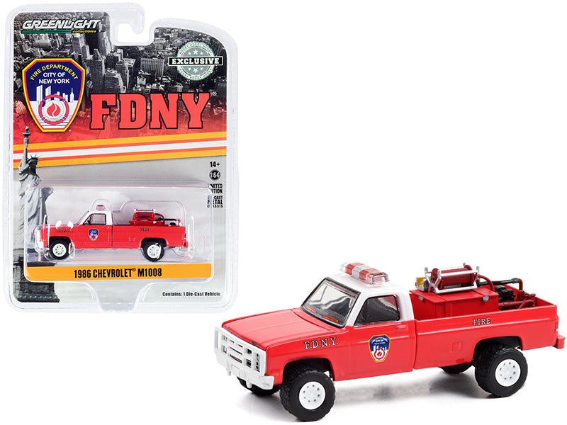 1986 Chevrolet M1008 Pickup Truck Red with White Top with Fire Equipment and Hose and Tank "Fire Department City of New York" (FDNY) "Hobby Exclusive" 1/64 Diecast Model Car by Greenlight