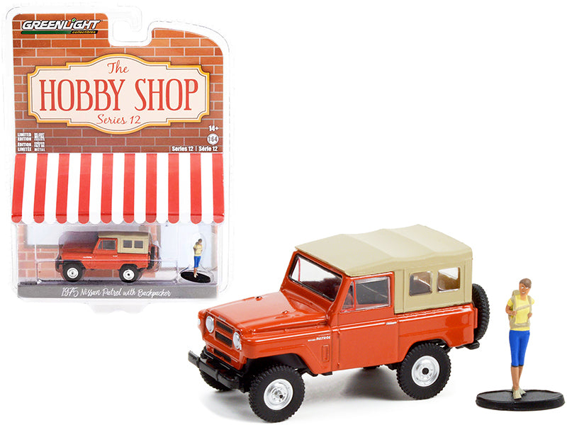1975 Nissan Patrol Orange with Tan Top and Backpacker Figurine "The Hobby Shop" Series 12 1/64 Diecast Model Car by Greenlight