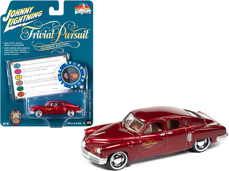 1948 Tucker Torpedo Red Maroon Metallic "Tucker: The Man and His Dream" (1988) Movie with Poker Chip (Collector Token) and Game Card "Trivial Pursuit" "Pop Culture" Series 3 1/64 Diecast Model Car by Johnny Lightning