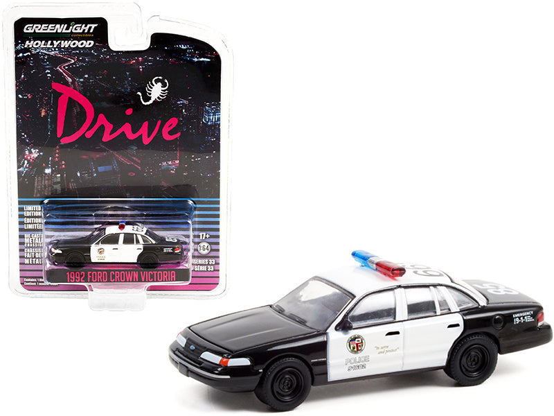 1992 Ford Crown Victoria Police Interceptor Black and White "Los Angeles Police Department" (LAPD) "Drive" (2011) Movie "Hollywood Series" Release 33 1/64 Diecast Model Car by Greenlight