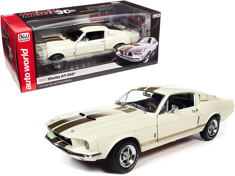 1967 Ford Mustang Shelby GT-350 Wimbledon White with Twin Gold Stripes "American Muscle 30th Anniversary" (1991-2021) 1/18 Diecast Model Car by Auto World